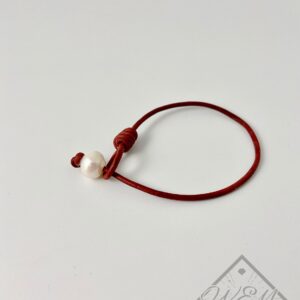 White Pearl Bracelet In Red Brown Leather