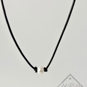White Pearl Pendant Necklace In Black Leather
