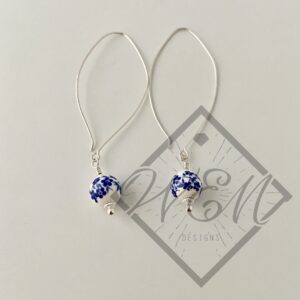 Blue and White Jean Dangle Earrings In Sterling Silver