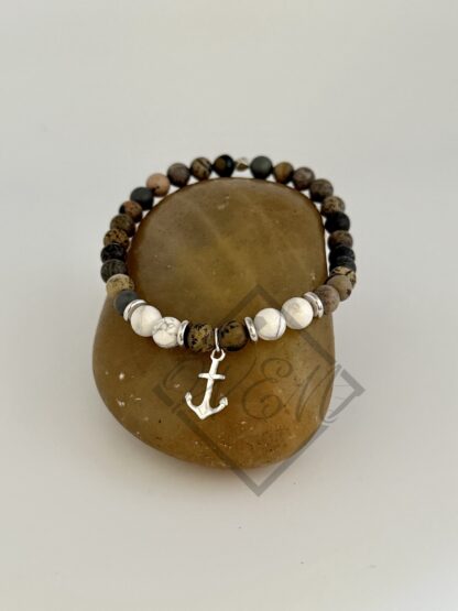 Artistic Jasper White Howlite Anchor Charm Aaron Stretch Bracelet