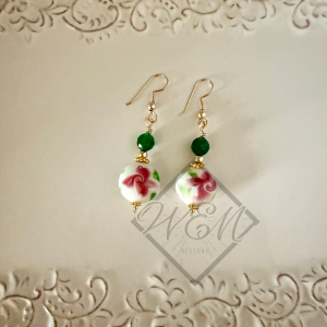 Gold Green Agate Floral Bead Earrings