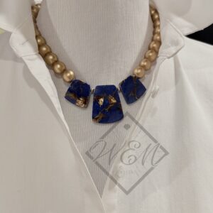 Gold Wood Bead Lapis & Bronze Necklace